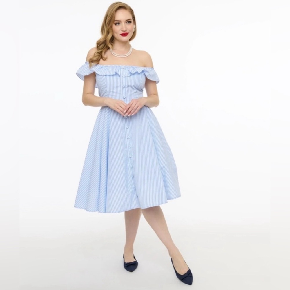 Unique Vintage Magnolia Place Blue & White Striped Barbara Swing Dress, 3x, NWT! - Picture 3 of 13